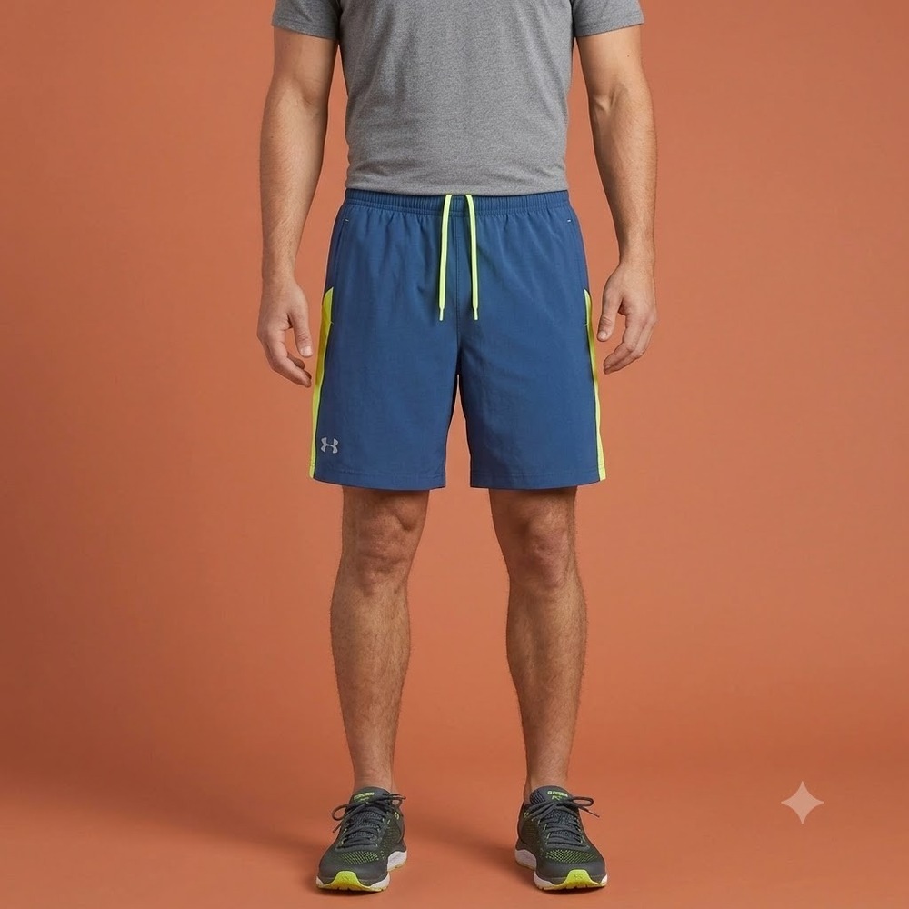 Under Armour HeatGear Fitted Shorts Mens XL Blue Yellow Stripe Gym Training